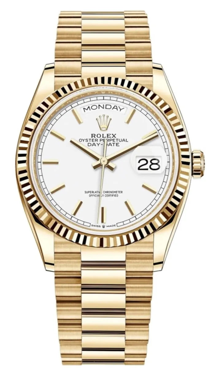 Rolex Day-Date Gelbgold Weißes Zifferblatt Unisex
