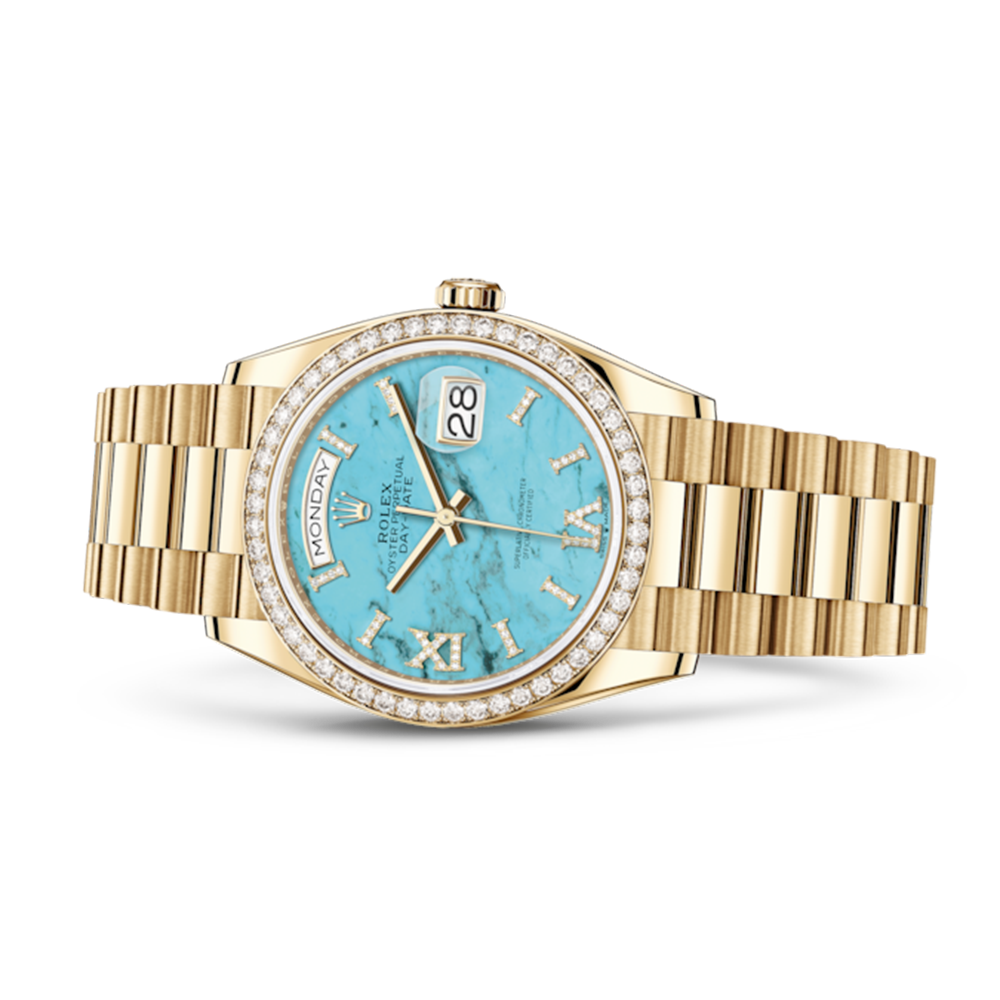 Rolex Day-Date Gelbgold Diamanten Bezel Turquoise Diamanten Dial