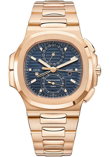 Patek Philippe Nautilus Self-Winding Travel Time Chronograph – 40.5 mm Roségold Case – Blaues Zifferblatt – Roségold Bracelet