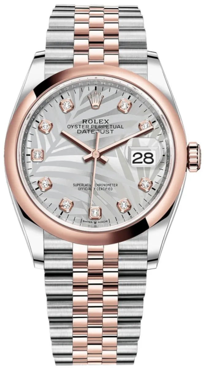 Rolex Datejust 36 Edelstahl & Roségold Silver Palm-Motif Diamanten Dial
