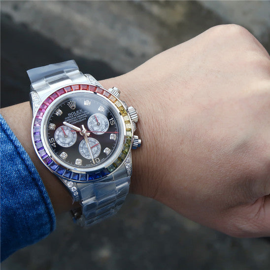 Rolex Pre Owned Edelstahl Daytona Custom Diamanten Rainbow
