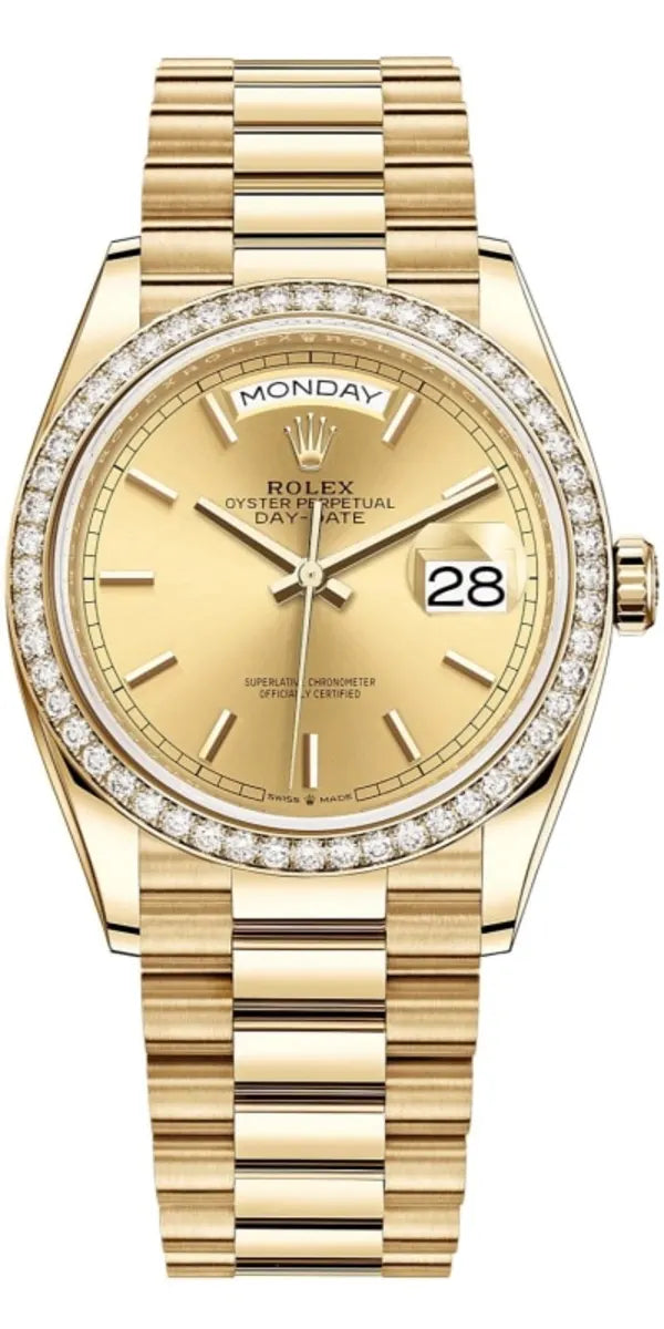 Rolex Day-Date Gelbgold Champagne Dial Diamanten Bezel M128348RBR-0026