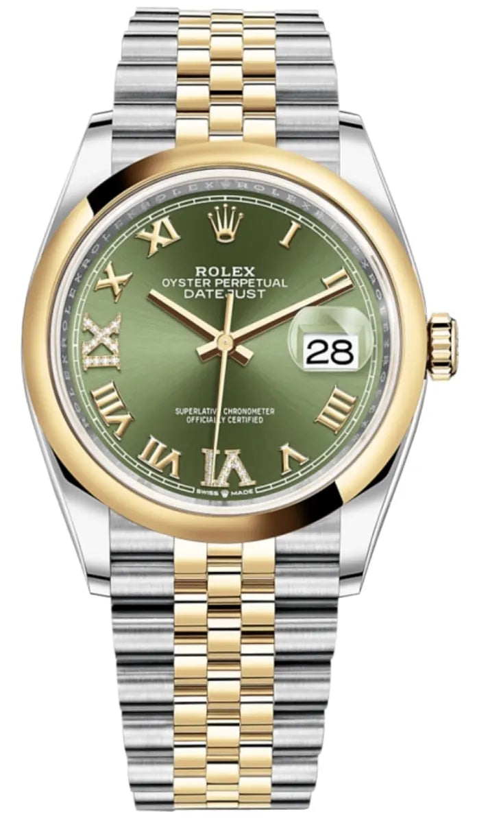 Rolex Datejust 36 Edelstahl & Gelbgold Olive Green Pave Roman Dial