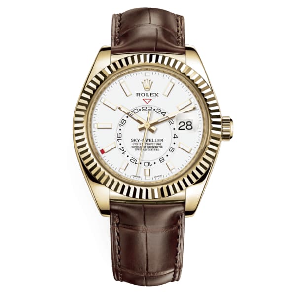 Rolex Sky-Dweller Weißes Zifferblatt Automatic 18kt Gelbgold Lederarmband -0010