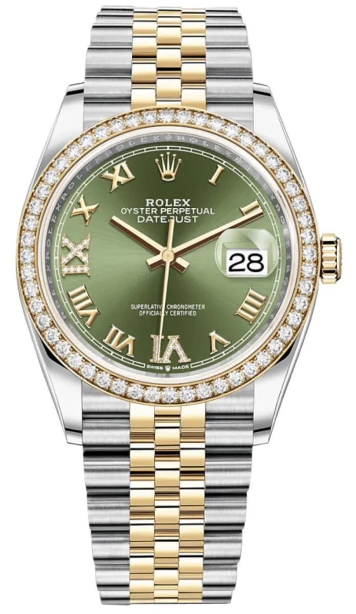 Rolex Datejust 36 Gelbgold & Diamanten Olive Green Diamanten Pave Roman Dial M126283RBR-0011