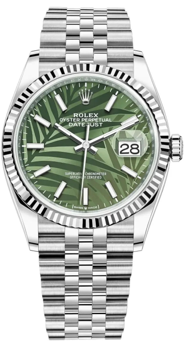Rolex Datejust 36 Edelstahl & Weißgold Olive Green Palm-Motif Dial