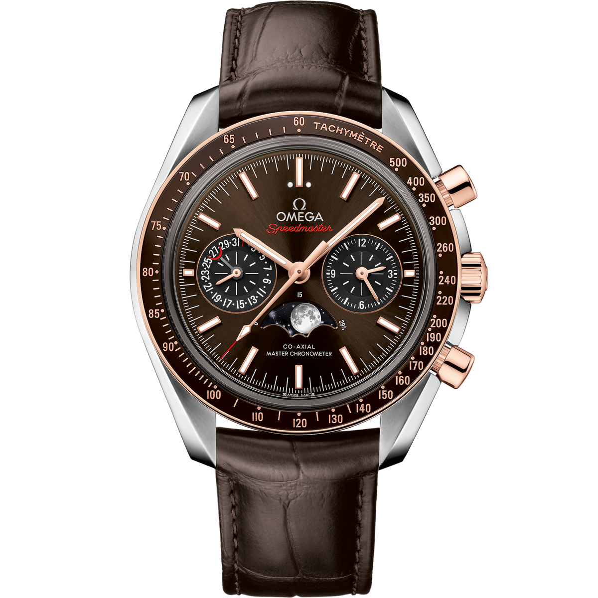 Omega Speedmaster MoonPhase 44.25 mm Edelstahl ‑ Sedna Gold Lederarmband
