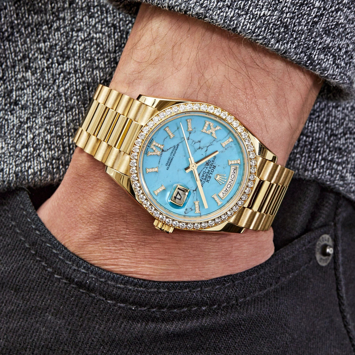 Rolex Day-Date Gelbgold Diamanten Bezel Turquoise Diamanten Dial