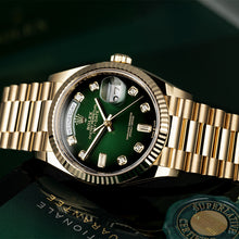 Rolex Day-Date 36 Green Ombre Diamanten Dial Gelbgold President Automatic
