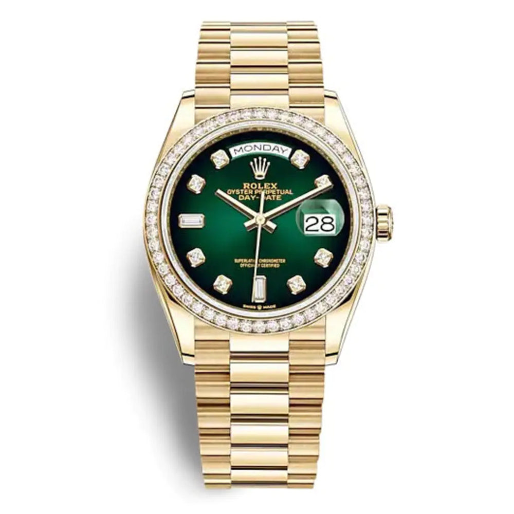 Rolex Day Date 36mm - Ref: - Green Ombre Diamanten Dial & Diamanten Bezel, 18K Gelbgold President Bracelet