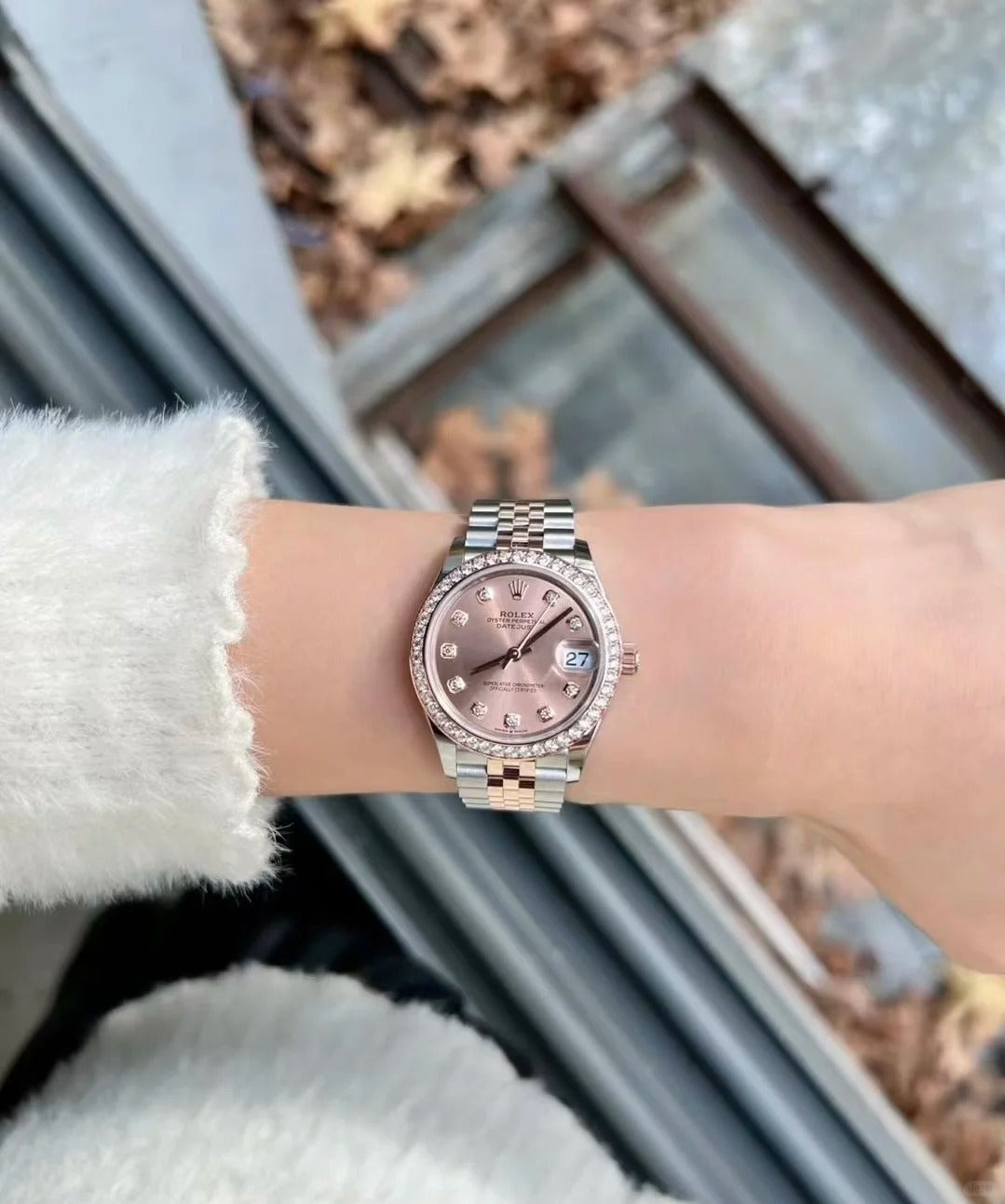 Rolex Datejust 31 Chocolate Diamanten Dial Diamanten Bezel Roségold Two Tone Jubilee 278381