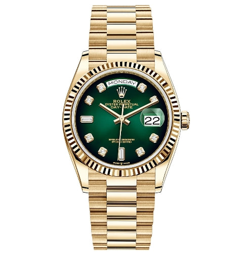 Rolex Day-Date 36 Green Ombre Diamanten Dial Gelbgold President Automatic
