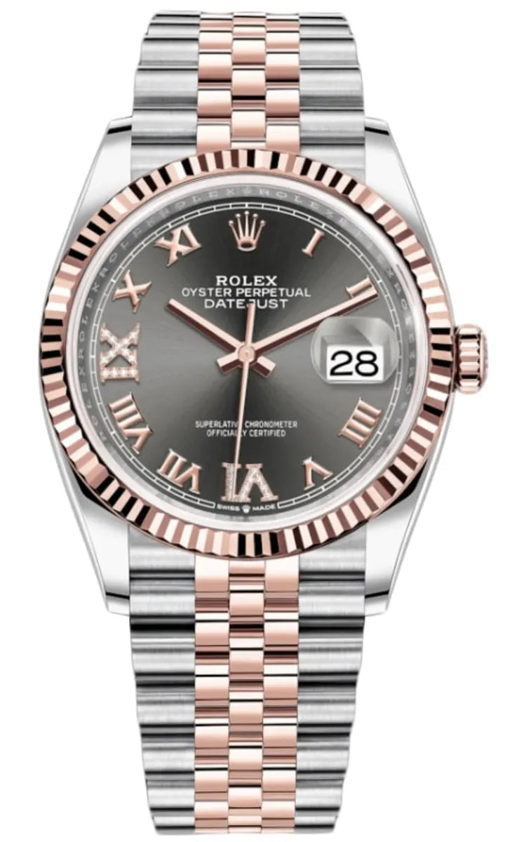 Rolex Datejust 36 Edelstahl & Roségold Slate Diamanten Pave Roman Dial