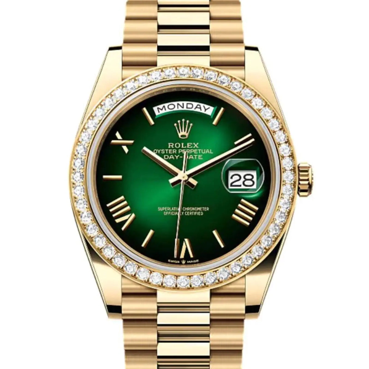 Rolex Day-Date Gelbgold Green Ombre Roman Numeral Dial Diamanten Bezel Replica