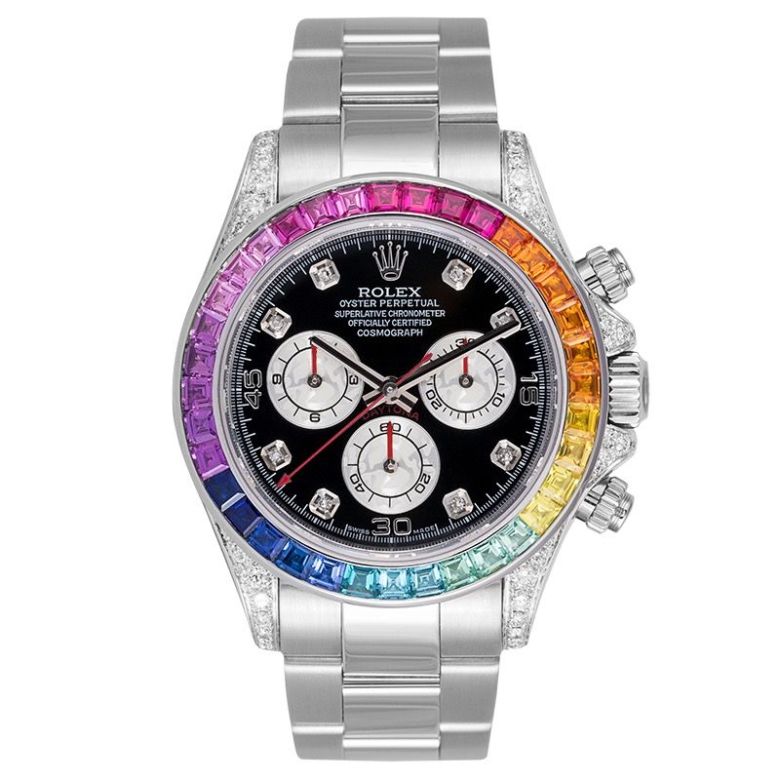 Rolex Pre Owned Edelstahl Daytona Custom Diamanten Rainbow