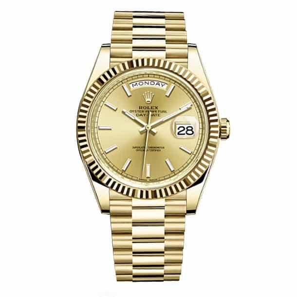Rolex Day-Date 40 Presidential Champagne dial, Fluted Bezel, President bracelet, Gelbgold