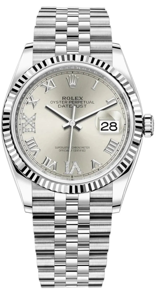 Rolex Datejust 36 Edelstahl & Weißgold Silver Diamanten Pave Roman Dial