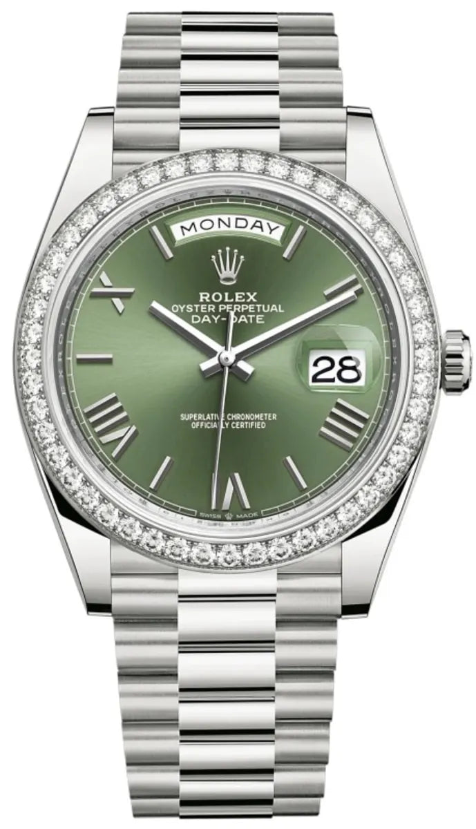 Rolex Day-Date 40 18k Weißgold Olive Grünes Zifferblatt Diamanten Bezel M228349RBR-0030
