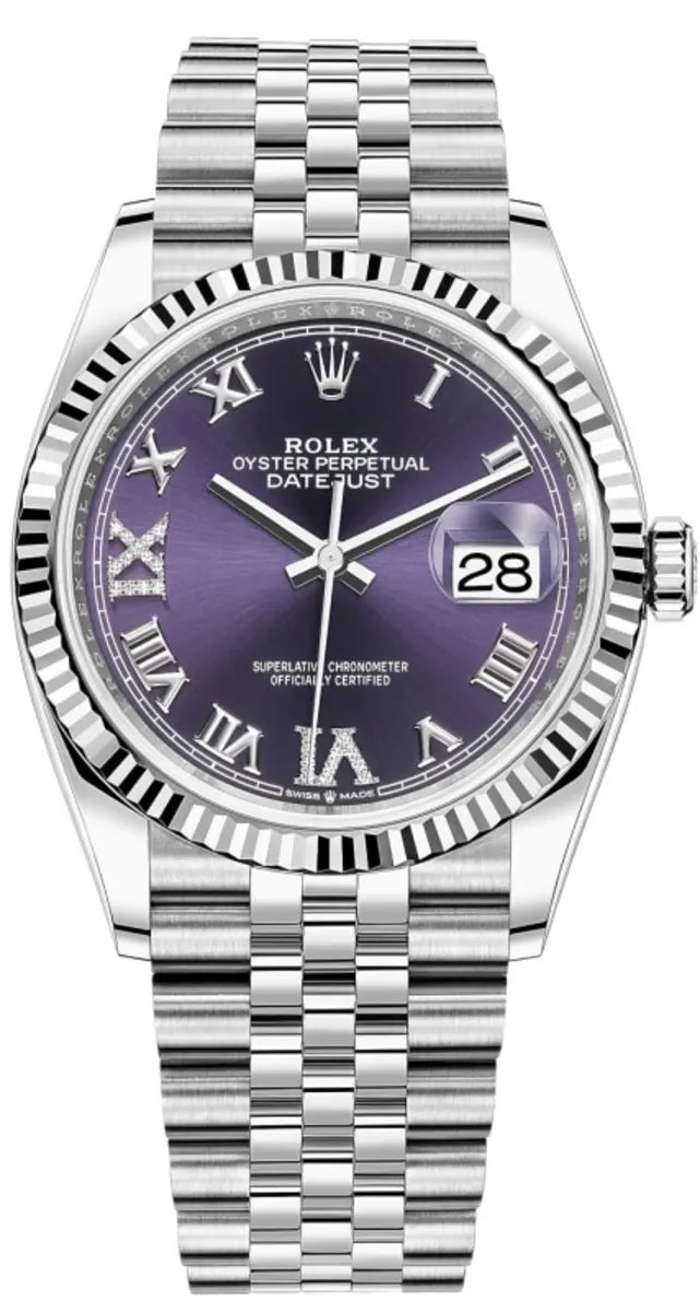 Rolex Datejust 36 Edelstahl & Weißgold Aubergine Diamanten Pave Roman Dial