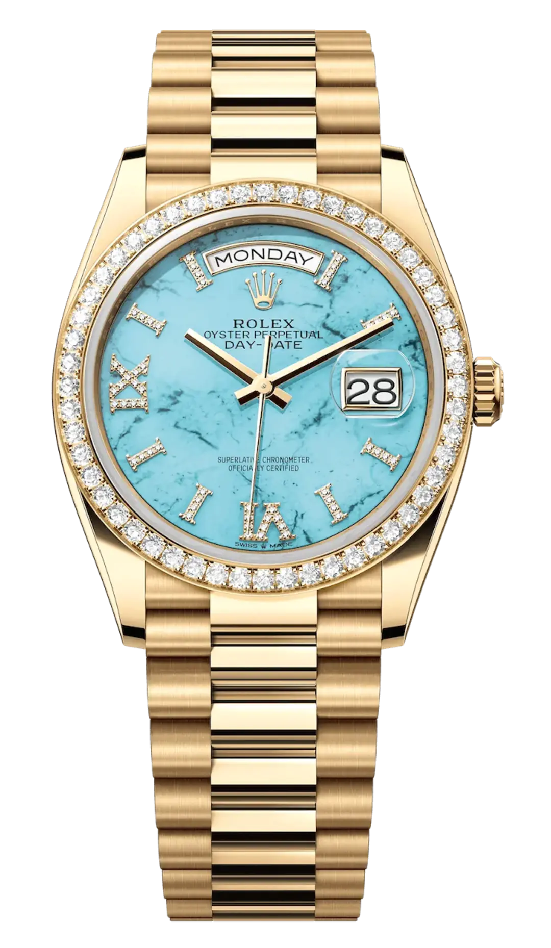 Rolex Day-Date Gelbgold Diamanten Bezel Turquoise Diamanten Dial