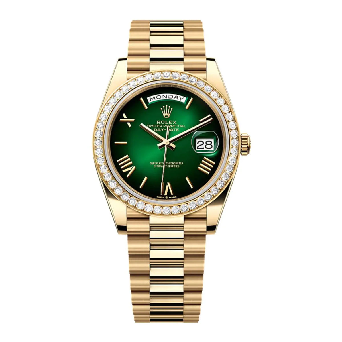 Rolex Day-Date Gelbgold Green Ombre Roman Numeral Dial Diamanten Bezel Replica